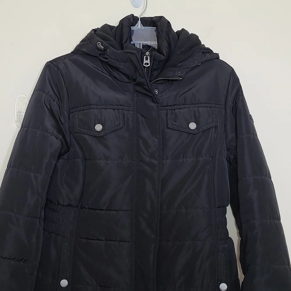 Lucky Brand Double Zip Hooded Puffer Women's Long Jacket Black Size S